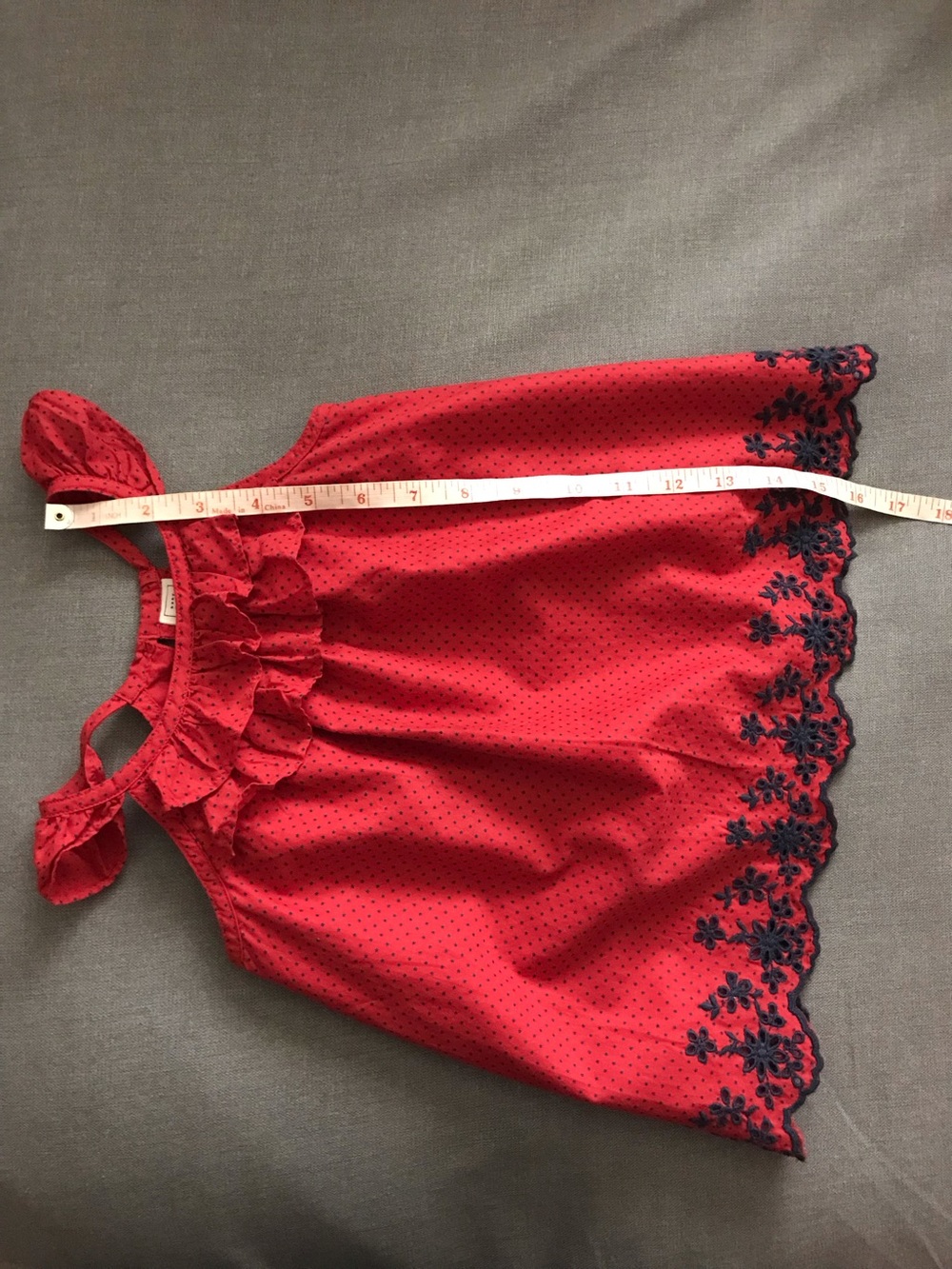Red Ruffled Girl's Top with Embroidered Navy Hem - Picture 6 of 7